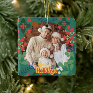 Colorful retro modern Christmas botanical Ceramic Ornament
