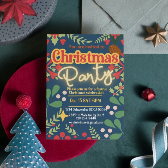 Colorful retro modern Christmas botanical Invitation (Creator Uploaded)