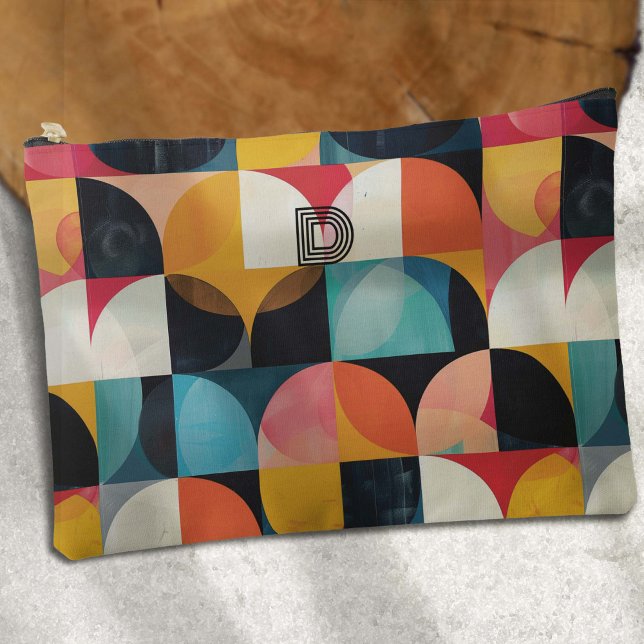 Colorful Retro Monogram Art, Geometric Pattern Accessory Pouch (Colorful retro geometric pattern with personalized monogram sling bag.)
