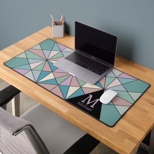 Colorful retro Mosaic Triangle Pattern Monogram Desk Mat