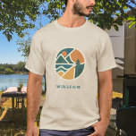 Colorful Retro Mountain Adventure Camping T-Shirt<br><div class="desc">Embrace the spirit of outdoor adventure with this round,  nature-inspired shirt. Featuring a bold mountain silhouette,  radiant sun,  and clean lines in a circular emblem. A great choice for persons who love the great outdoors.

Personalize and add a name or text. Curved text.</div>