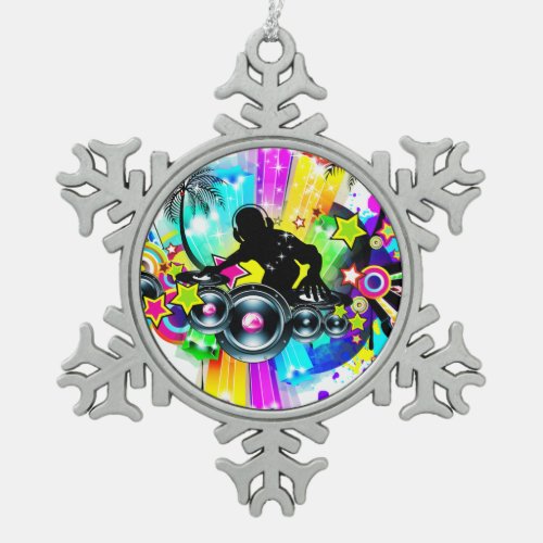 Colorful Retro Music DJ Design Snowflake Pewter Christmas Ornament