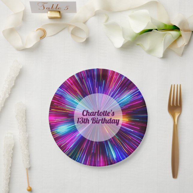 Colorful Retro Neon Glowing Pink Purple Lights Paper Plates (Wedding)