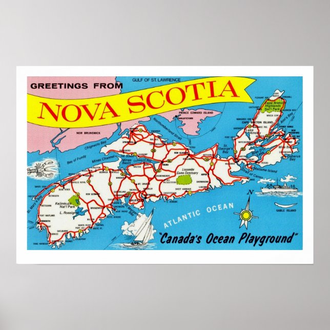 Colorful Retro Nova Scotia Map Print (Front)