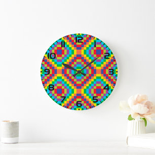 Colorful Retro Optical Illusion Geometric Rainbow Large Clock