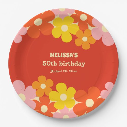 Colorful Retro Orange Boho Flower 50th Birthday Paper Plates