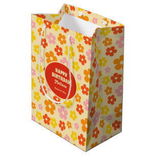 Colorful Retro Orange Boho Flower Happy Birthday Medium Gift Bag