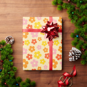 Colorful Retro Orange Boho Flower Happy Birthday Wrapping Paper