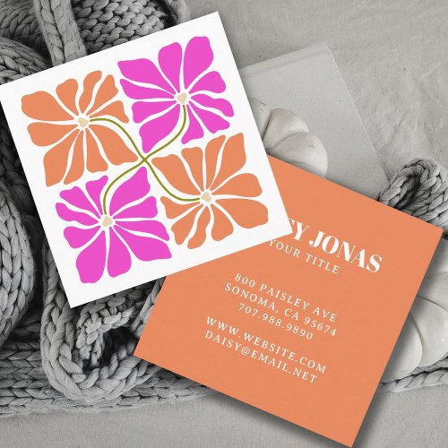 Colorful Retro Orange Red Violet Floral Pattern Square Business Card