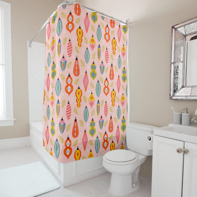 Colorful Retro Ornaments Christmas Pattern Shower Curtain (In Situ)
