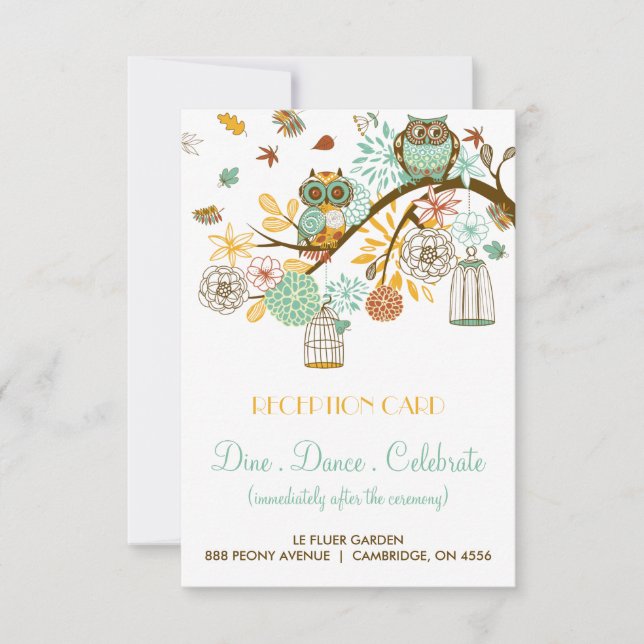 Colorful Retro Owls Fall Wedding Reception Card (Front)