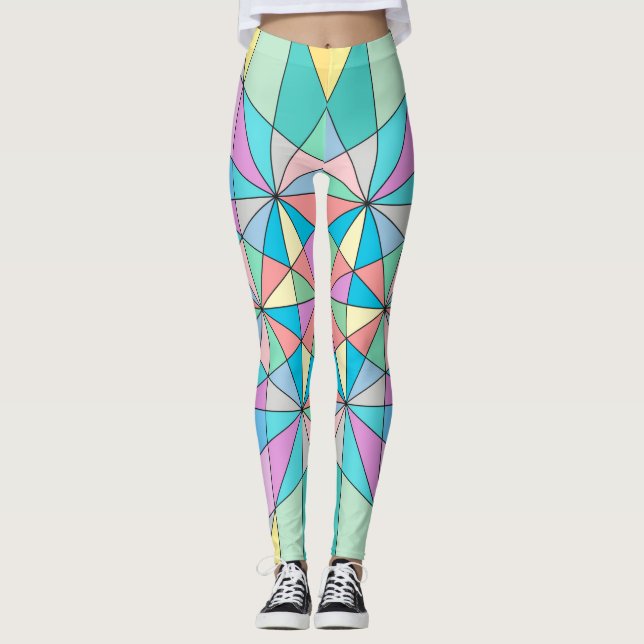 Colorful retro Pastel Mosaic Triangle Star Pattern Leggings (Front)