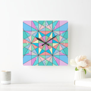 Colorful retro Pastel Mosaic Triangle Star Pattern Square Wall Clock