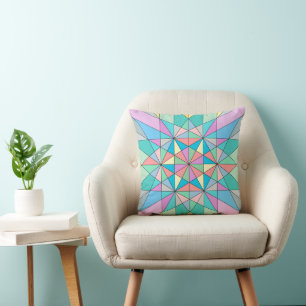 Colorful retro Pastel Mosaic Triangle Star Pattern Throw Pillow
