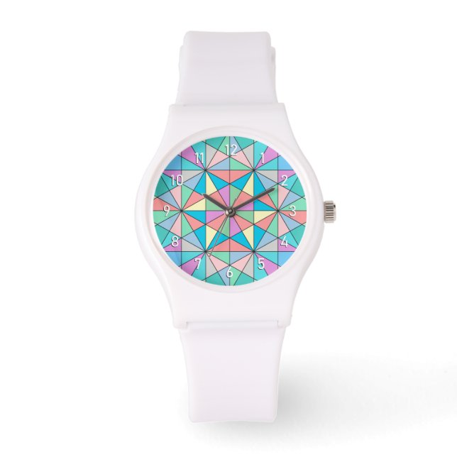 Colorful retro Pastel Mosaic Triangle Star Pattern Watch (Front)