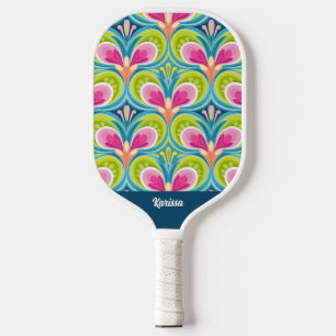 Colorful Retro Pattern Monogram Name Carbon Fiber Pickleball Paddle