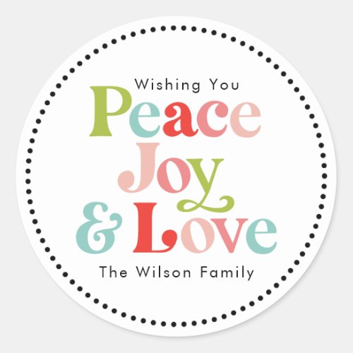 Colorful Retro Peace Joy  Love Christmas Family Classic Round Sticker