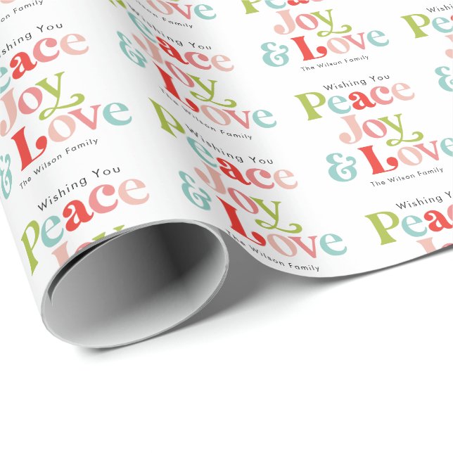 Colorful Retro Peace Joy & Love Christmas Family Wrapping Paper (Roll Corner)
