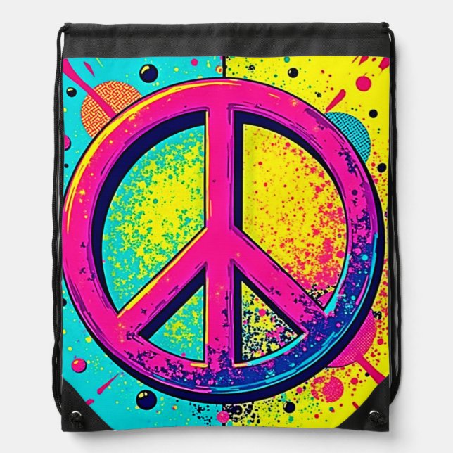 Colorful Retro Peace Sign Drawstring Bag (Front)
