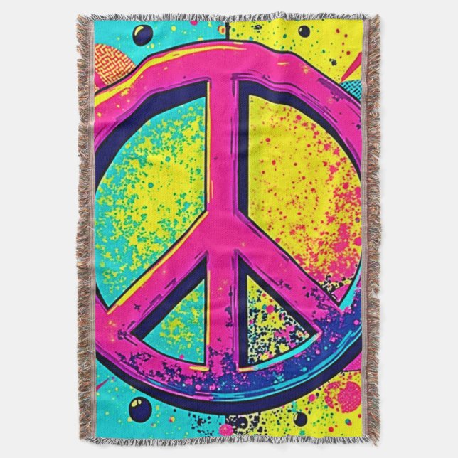 Colorful Retro Peace Sign Throw Blanket (Front Vertical)