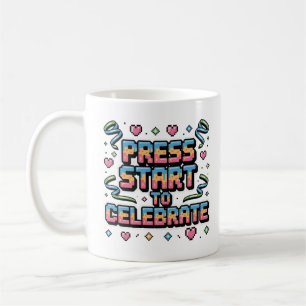 Colorful Retro Pixel Press Start Gamer Celebration Coffee Mug
