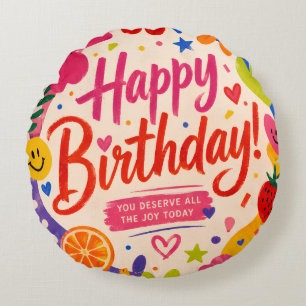 Colorful Retro Pop Birthday Greeting with Flowers Round Pillow