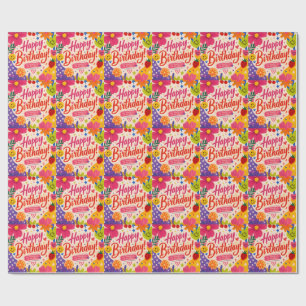 Colorful Retro Pop Birthday Greeting with Flowers Wrapping Paper