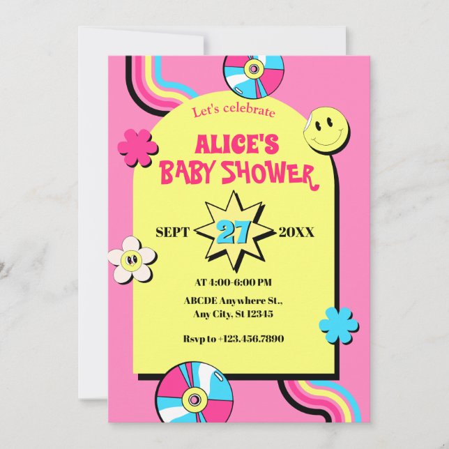 Colorful retro pop fun baby shower invitation (Front)