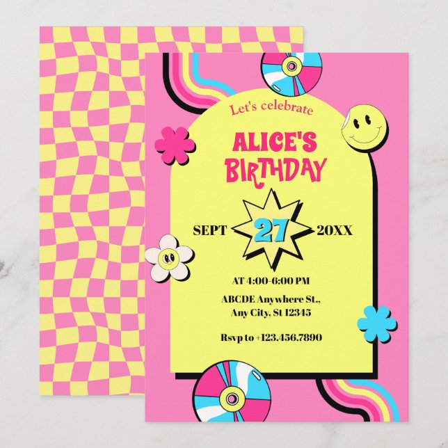 Colorful retro pop fun pastel birthday invitation (Front/Back)