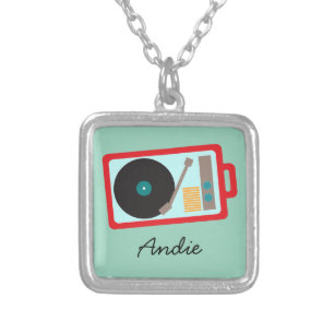 Colorful Retro Portable 45 Turntable Record Player Silver Plated Necklace