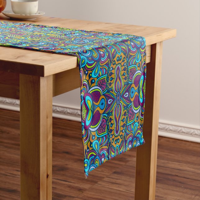 Colorful Retro Psychedelic Abstract Swirls Short Table Runner (In Situ)