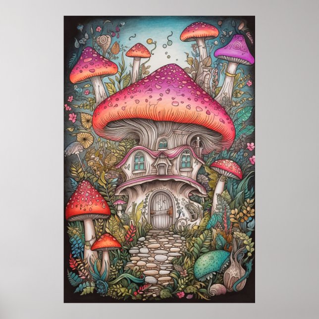 Colorful Retro Psychedelic Mushroom Illustration Poster (Front)
