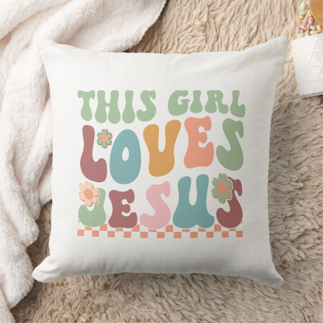 Colorful Retro Quote This Girl Loves Jesus Throw Pillow (Blanket)