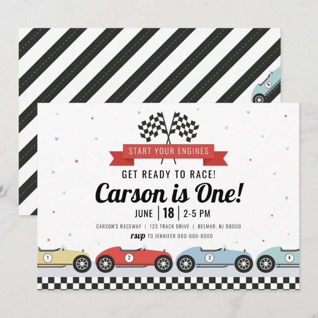 Colorful Retro Race Car Birthday Invitation (Front/Back)