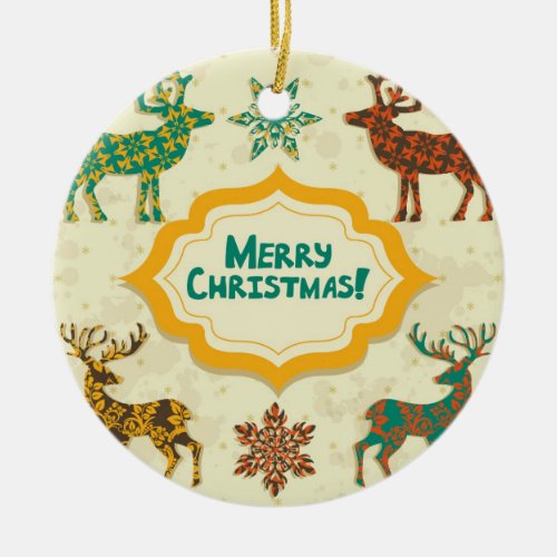 Colorful Retro Rain_Deer Merry Christmas Ceramic Ornament
