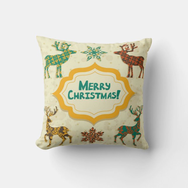 Colorful Retro Rain-Deer Merry Christmas Throw Pillow (Front)