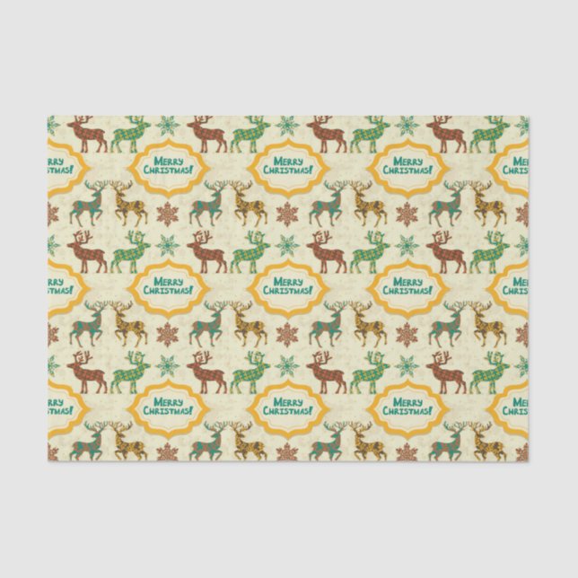 Colorful Retro Rain-Deer Merry Christmas Tissue Paper (Front)