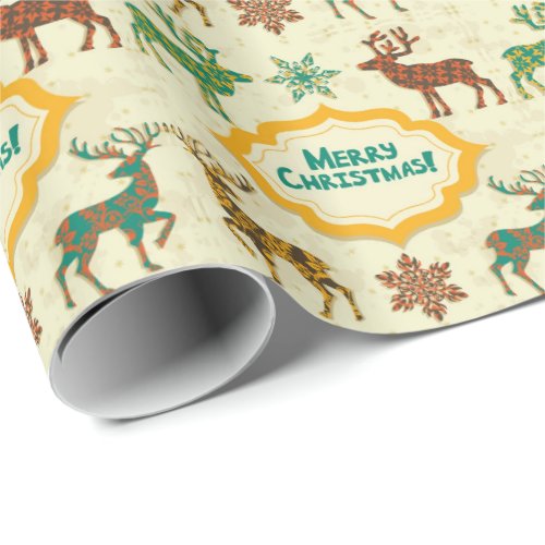Colorful Retro Rain_Deer Merry Christmas Wrapping Paper