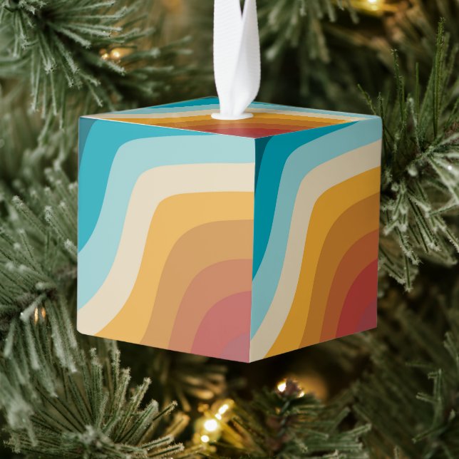 Colorful Retro Rainbow Abstract Waves Cube Ornament (Tree)