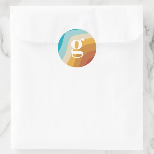Colorful Retro Rainbow Abstract Waves Monogram  Classic Round Sticker (Bag)