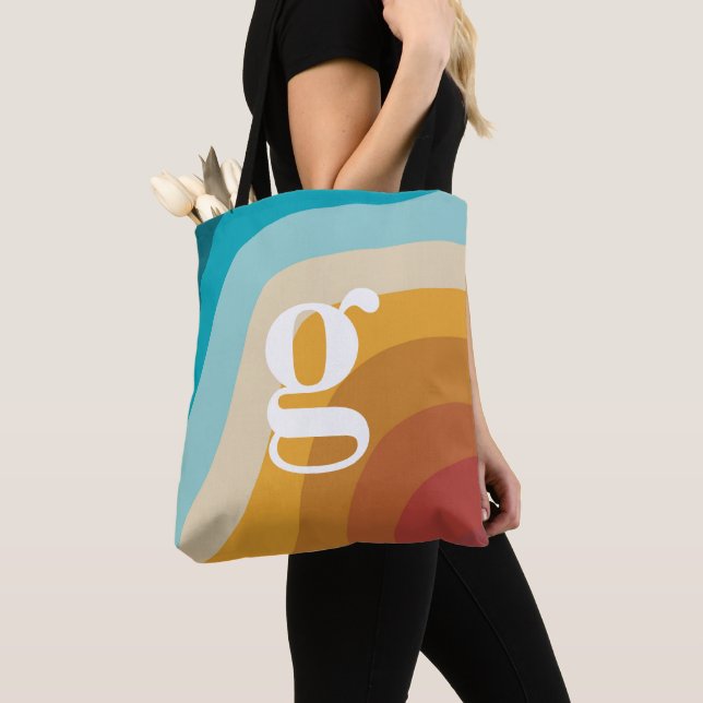 Colorful Retro Rainbow Abstract Waves Monogram Tote Bag (Close Up)