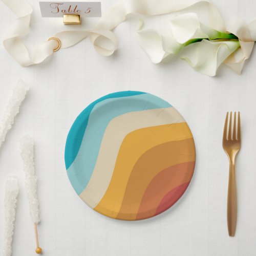 Colorful Retro Rainbow Abstract Waves Paper Plates