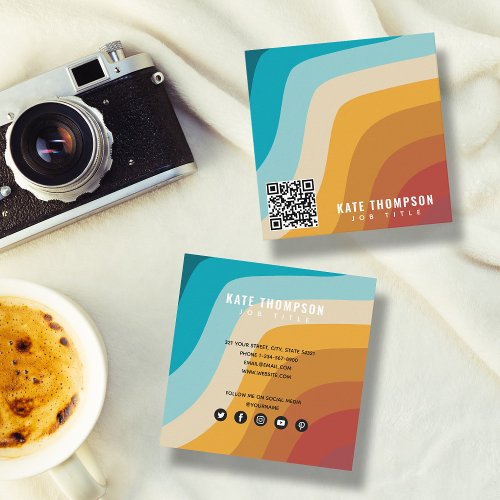 Colorful Retro Rainbow Abstract Waves QR Code Square Business Card
