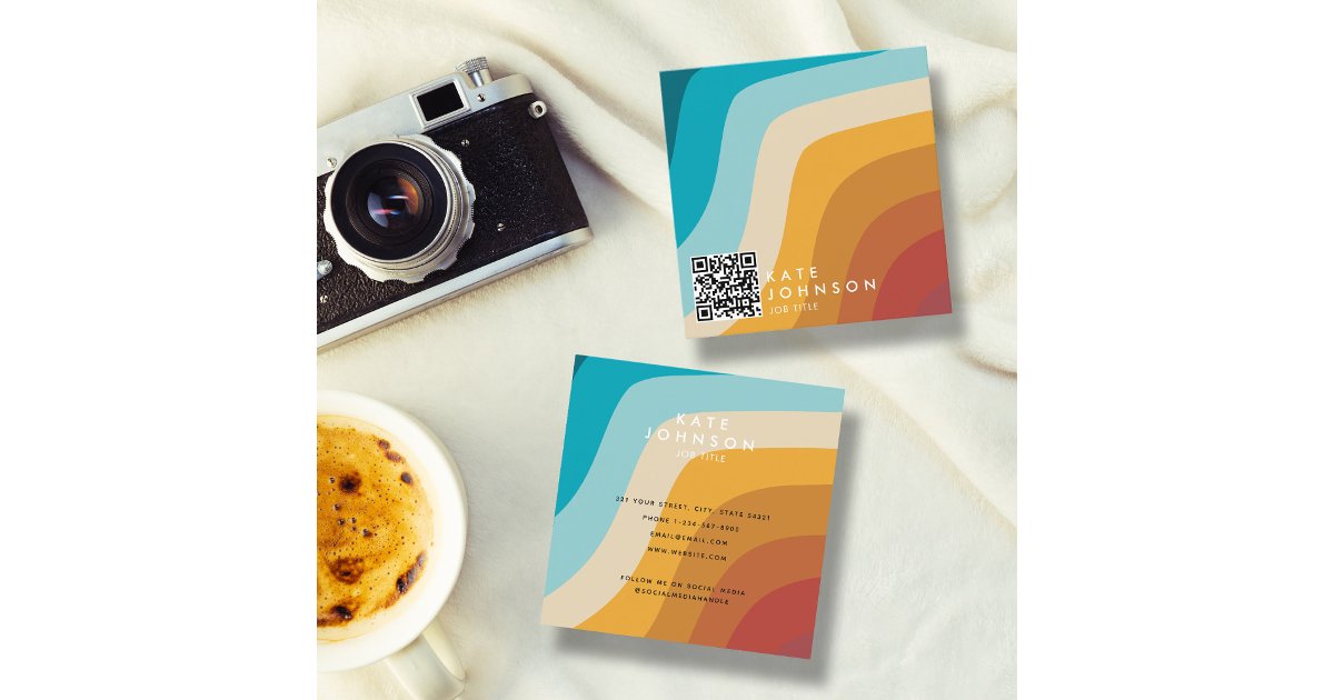 Colorful Retro Rainbow Abstract Waves QR Code Square Business Card | Zazzle