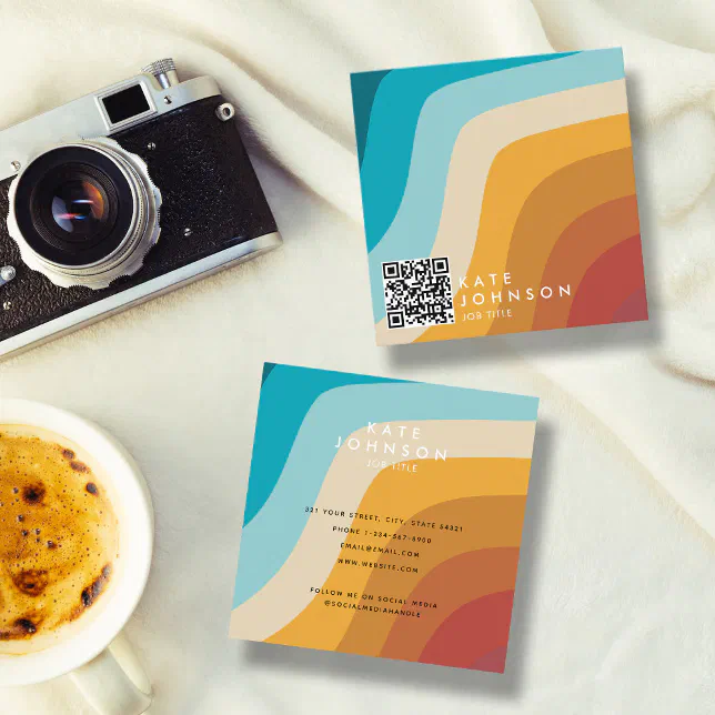 Colorful Retro Rainbow Abstract Waves QR Code Square Business Card | Zazzle