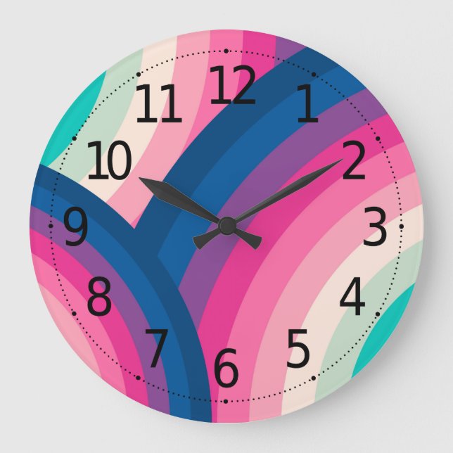 Colorful Retro Rainbow Circles Pattern | Large Clock (Front)