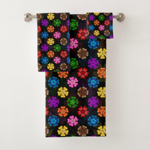 Colorful Retro Rainbow Flowers Design Black Bath Towel Set