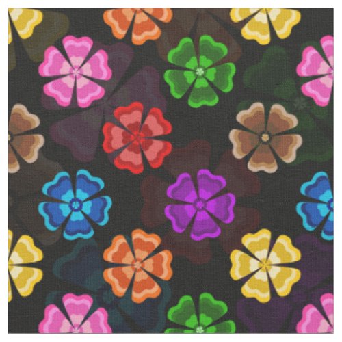 Colorful Retro Rainbow Flowers Design Black Fabric