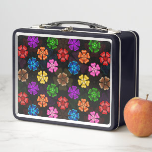 Colorful Retro Rainbow Flowers Design Black Metal Lunch Box