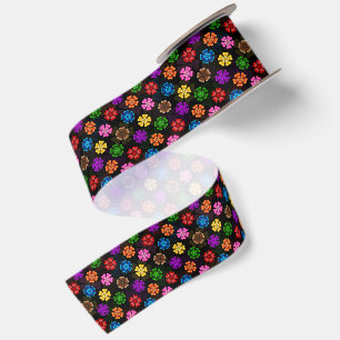 Colorful Retro Rainbow Flowers Design Black Satin Ribbon